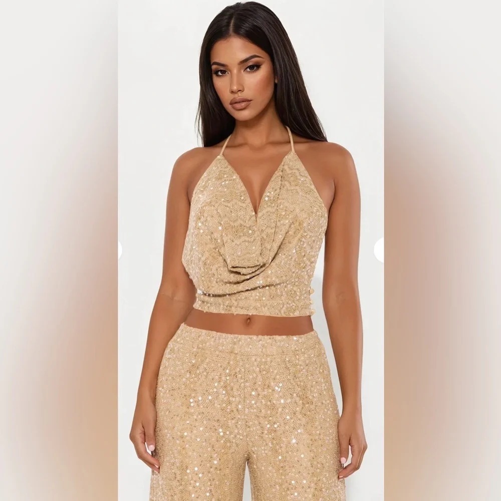 Pearl Tide Crochet halter Wide Leg Set- Tan - Picture 4 of 5